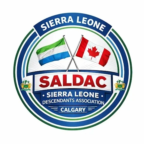 The SALDAC badge: Sierra Leone and Canadian flags crossed above the words Sierra Leone Descendants Association, Calgary